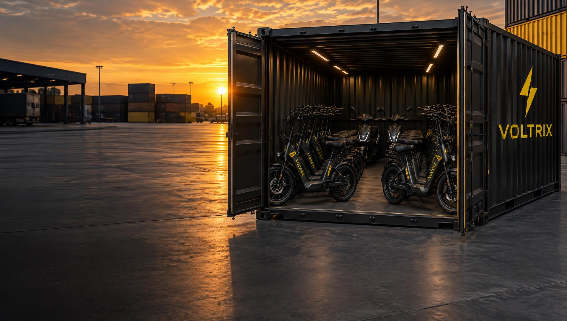 Container Voltrix carregado de bikes e scooters elétricas